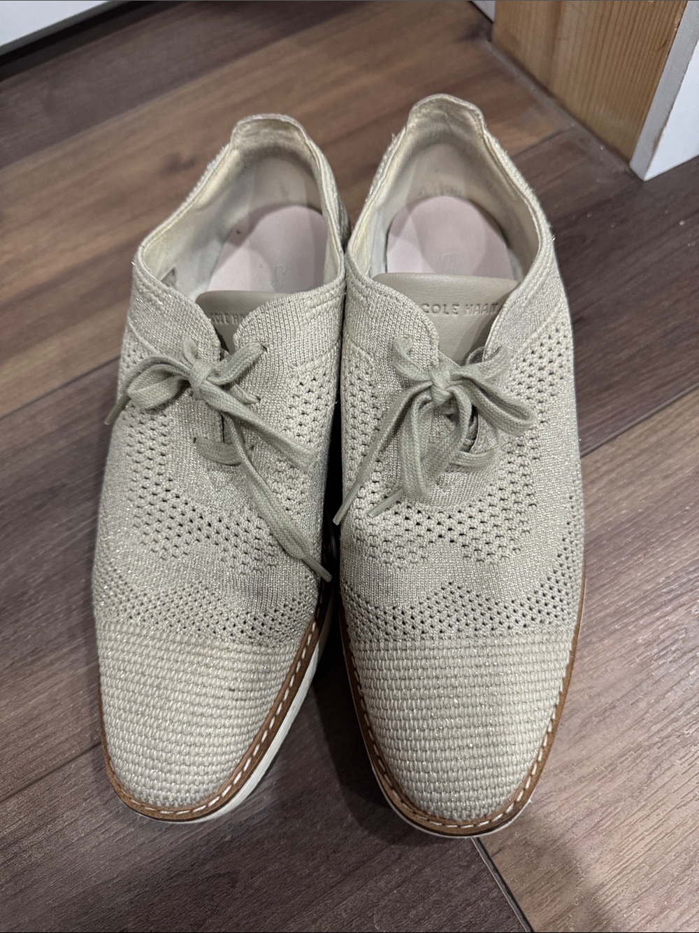 Cole Haan Knit Lace-Up Flats in Light Beige
